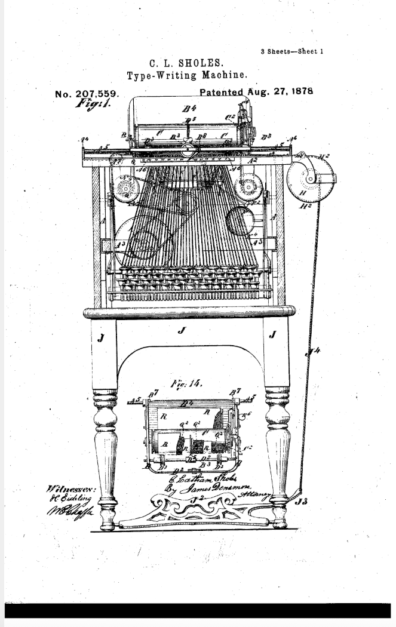 Patent application diagram for first typewriter